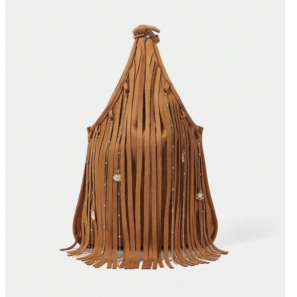Western Vegan Suede Chain Detail Tassel Fringe Detail Tote Bag - Picture 3 of 9